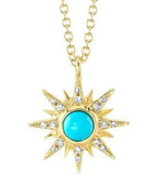 Diamond starburst pendant with turquoise center on chain necklace - Kelly Wade Jewelers Store