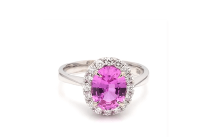 Oval Pink Sapphire Ring with Diamond Halo - Kelly Wade Jewelers Store