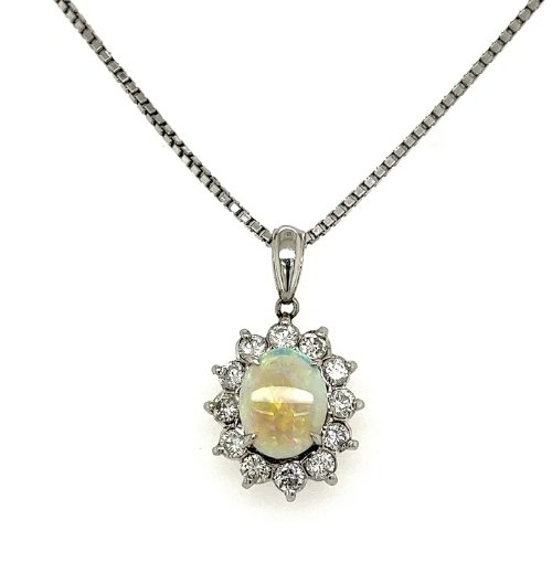 Platinum White Opal And Diamond Pendant On Chain Necklace - Kelly Wade Jewelers Store